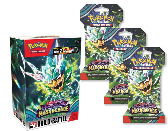 POKEMON SCARLET & VIOLET: TWILIGHT MASQUERADE TAKE HOME PRERELEASE BUILD & BATTLE PACK w/3 boosters  – Pickup 5/11/24 :: Shipping 5/20/24