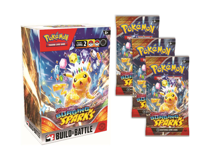 POKEMON SCARLET & VIOLET: SURGING SPARKS TAKE HOME PRERELEASE BUILD & BATTLE PACK w/3 boosters  –  Available for pick up 10/26